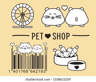 Creative barcode template with 
hamsters. Pet shop icons. Vector image