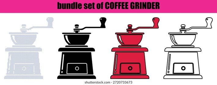 Arte creativo de molienda de baristas: ilustración Abstractas de molinillo de café de arte punteado, silueta de arte de línea minimalista para baristas profesionales, cafeterías especializadas y marca de utensilios de cocina gourmet.