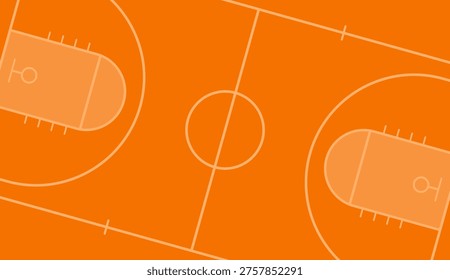 Creative basketball court background. Basketball court layout with official markings in top view on orange background. Basketball sports field template for tactics, strategy, and infographics. Vector