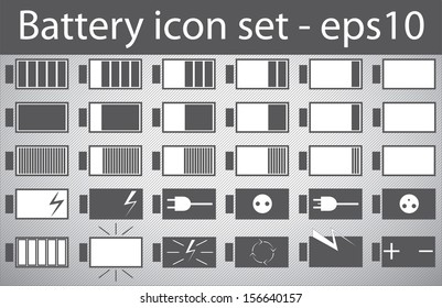 Creative battery icon set with 30 icons. Abstract battery icon on metallic background.