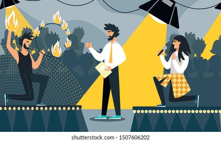 Creative Battle or Talent Show Performance with Young Man Fire Juggler and Singer Presenting on Stage. Television Program Broadcasting or Festival for Talented People. Cartoon Flat Vector Illustration