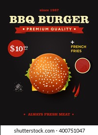 Creative bbq cheeseburger poster design. Realistic vector burger with barbecue sauce and chili pepper. Top view