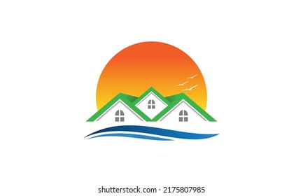 Vector de diseño del logotipo de la casa de la Creative Beach. Ilustración de la ola de playa de la casa de techo en el soleado día de verano