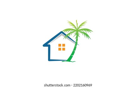 Creative Beach House Logo Design Vektor. Dachhauerhaus Strandwelle auf sonniger Sonnentag - Sommervorlage zur Illustration