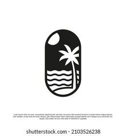 Diseño de logotipo de playa creativo. Vector de logotipo de ondas, palma y sol para su marca o negocio