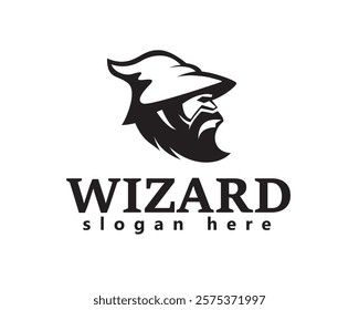 creative bearded man face wearing a wizard hat logo design