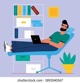 Creative bearded man freelancer sitting on cozy armchair and working on laptop. Concept of remote work from home. Bookshelf on background. Flat design Illustration. Vector.