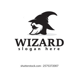 creative bearded man with wizard hat logo design