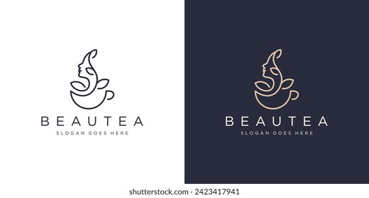 Creative Beautea Logo. Tea Cup and Beauty Women Face with Linear Outline Style. Nature Beauty Logo Icon Symbol Vector Design Template.