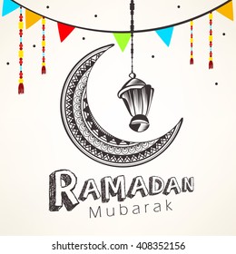 Creative and beautiful floral decorated moon with hanging lamp and stylish text for Islamic Festival Ramadan Kareem.
