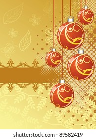 Creative beautiful hanging orange color Christmas balls having floral work on dotted yellow color abstract background for Christmas & other occasions.