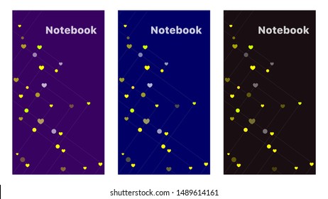 Creative beautiful heart shaped Notebook cover. Circle & dots network books, diary, magazines, brochure.  gradient background,flat abstract Geometric pattern background with black, blue & yellow color