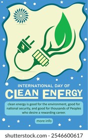 CREATIVE AND BEAUTIFUL NEW DESIGN INTERNATIONAL DAY OF CLEAN ENERGY BANNER, POSTER, LEAFLET VECTOR. COLORFUL CLEAN ENERGY BULB, BATTERY, LEAF, CHARGER ICON POSTER, BANNER, BACKGROUND VECTOR DESIGN