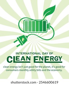 CREATIVE AND BEAUTIFUL NEW DESIGN INTERNATIONAL DAY OF CLEAN ENERGY BANNER, POSTER, LEAFLET VECTOR. COLORFUL CLEAN ENERGY BULB, BATTERY, LEAF, CHARGER ICON POSTER, BANNER, BACKGROUND VECTOR DESIGN