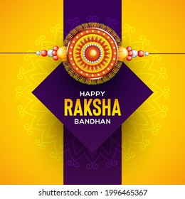 Creative beautiful Rakhi on yellow and purple background for Raksha Bandhan Vector Illustration