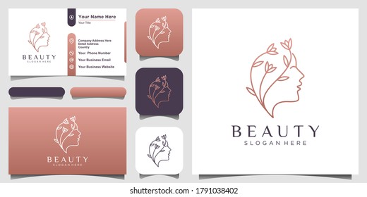 flor creativa de la cara de la mujer hermosa con el logo de estilo de arte de línea y diseño de tarjetas de visita. Concepto de diseño abstracto para salón de belleza, masaje, revista, cosmética y spa.