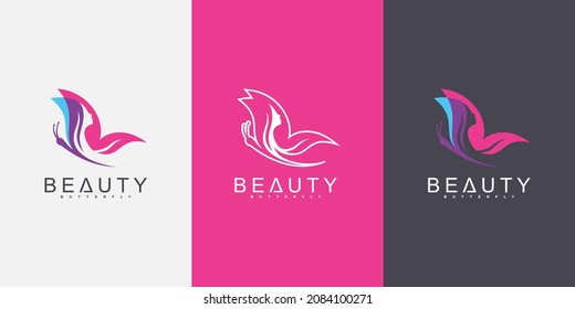 Creative beauty butterfly logo design template with combined  leaf and woman face concept Premium vekto