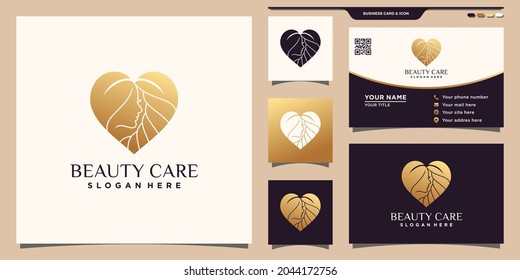 Creative beauty care logo with golden gradient style color and business card design Premium Vector