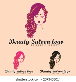 diseño vectorial de la plantilla del logotipo del salón de belleza creativo con pelo largo de mujer y pestañas brillantes doradas. 