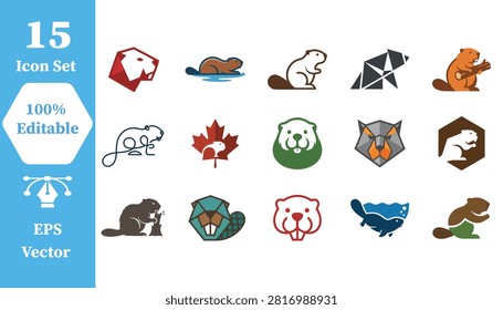 Creative beaver wildlife icon set collection with wildlife creature wilderness