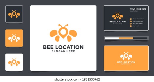 Abeja creativa con diseño de logotipo de símbolo de ubicación de pin y tarjeta de negocios