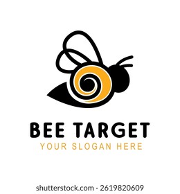 Creative bee target logo design featuring a stylized bee with a spiral target motif in its body, rendered in bold black and yellow.