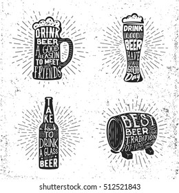 Creative beer set with glass, mug, bottle and barrel. Vector illustration with sunburst and lettering. Typography objects used for advertising festival, beverage, bar or pub menu.