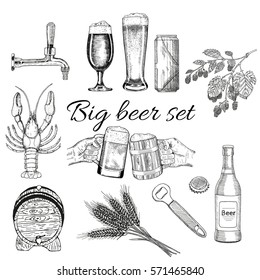 Creative beer set with icons of mug, bottle, glass, can, cover, wheat, hop, tap, cancer, opener and barrel. Vector illustration. Beer graphical objects used for beer festival, brewery, bar or pub.