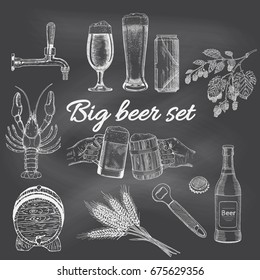 Creative beer set with icons of mug, bottle, glass, can, cover, wheat, hop, tap, cancer, opener and barrel. Vector illustration. Beer graphical objects used for beer festival, sketch on blackboard.