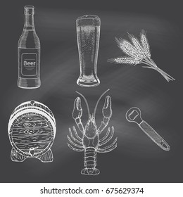 Creative beer set with icons of mug, bottle, glass, wheat, cancer, opener and barrel. Vector illustration. Beer graphical objects used for beer festival, brewery, bar or pub. Sketch on blackboard.