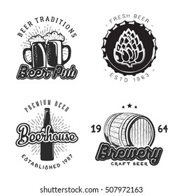 Creative beer set of logos design with mug, bottle, barley and hop elements. Vector illustration with graphic labels used for advertising beverage, brewery, bar or pub.