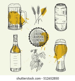 Creative beer set with mug, bottle, can, wheat and hop elements. Vector illustration. Hand drawing graphic objects used for advertising festival, beverage, brewery, bar and pub menu.