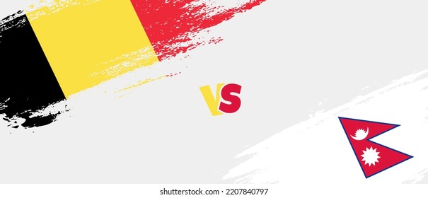 Creative Belgium/Nepal-Malerei mit Pinselspitzen. Zwei Länderflaggen im Stile eines künstlerischen Pinsels, Hintergrund