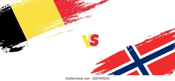 Creative Belgium gegen Norwegen als Beispiel für eine Pinselflagge. Zwei Länderflaggen im Stile eines künstlerischen Pinsels, Hintergrund