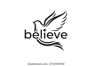 Kreativer Glaubenstext mit stilisierter Taube und Aufwärtspfeilsymbol im modernen minimalistischen Schwarz-Weiß-Design