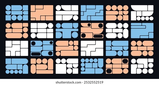 Diseños creativos de cuadrícula bento. Composiciones de Formas geométricas, Plantilla de cuadros UI de moda y azulejos de tarjetas modernos. Patrón de forma brutal y Web cómics grillas Vector conjunto.