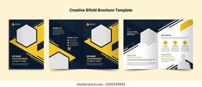 Creative Bi Fold Brochure Magazine Design Template for Company, Corporate, Business, Advertising, Marketing, Agency. Business bi-fold brochure Template.