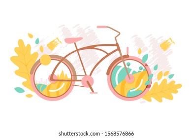 Creative bicycle concept, vector illustration. City and landscape seen through bike wheels, autumn leaves and brush stroke. Retro bicycle in flat style, outdoor recreation leisure and healthy activity