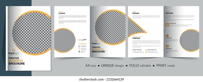 Creative bifold brochure design template. Multipurpose template, include cover, back and inside pages. 