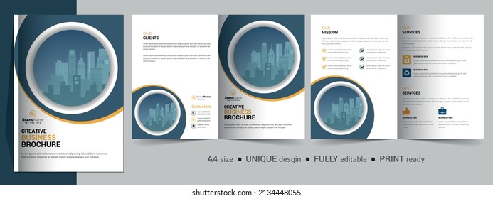 Creative bifold brochure design template. Multipurpose template, include cover, back and inside pages.
