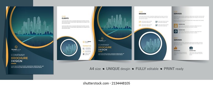Creative bifold brochure design template. Multipurpose template, include cover, back and inside pages.