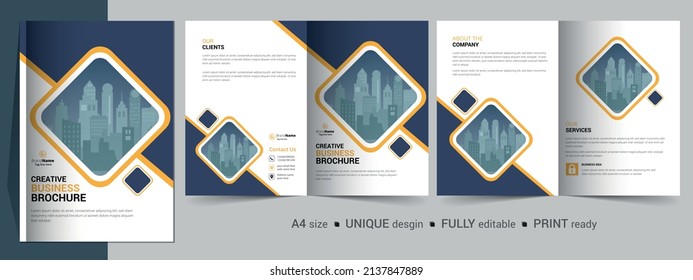 Creative bifold brochure design template. Multipurpose template, include cover, back and inside pages.