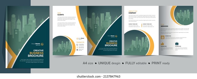 Creative bifold brochure design template. Multipurpose template, include cover, back and inside pages.