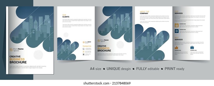 Creative bifold brochure design template. Multipurpose template, include cover, back and inside pages.