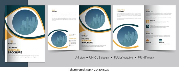 Creative bifold brochure design template. Multipurpose template, include cover, back and inside pages.