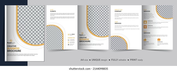 Creative bifold brochure design template. Multipurpose template, include cover, back and inside pages.