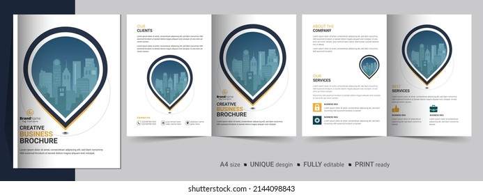 Creative bifold brochure design template. Multipurpose template, include cover, back and inside pages.