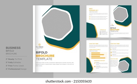 Creative bifold brochure design template. Multipurpose template, include cover, back and inside pages.