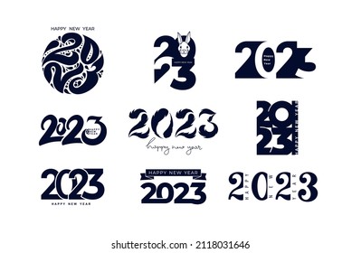 Creative big set of 2023 Happy New Year logo design. Number 2023 design template. Christmas decoration 2023 Happy New Year symbols. Vector illustration with gold labels. Isolated on white background.