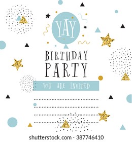 Creative birthday card. Simple delicate vector illustration - confetti.  Design template. Yay. Birthday Party. You are invited.